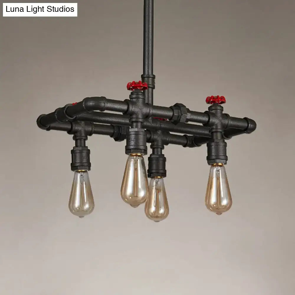 Industrial black pipe hanging ceiling light – dining room red accents