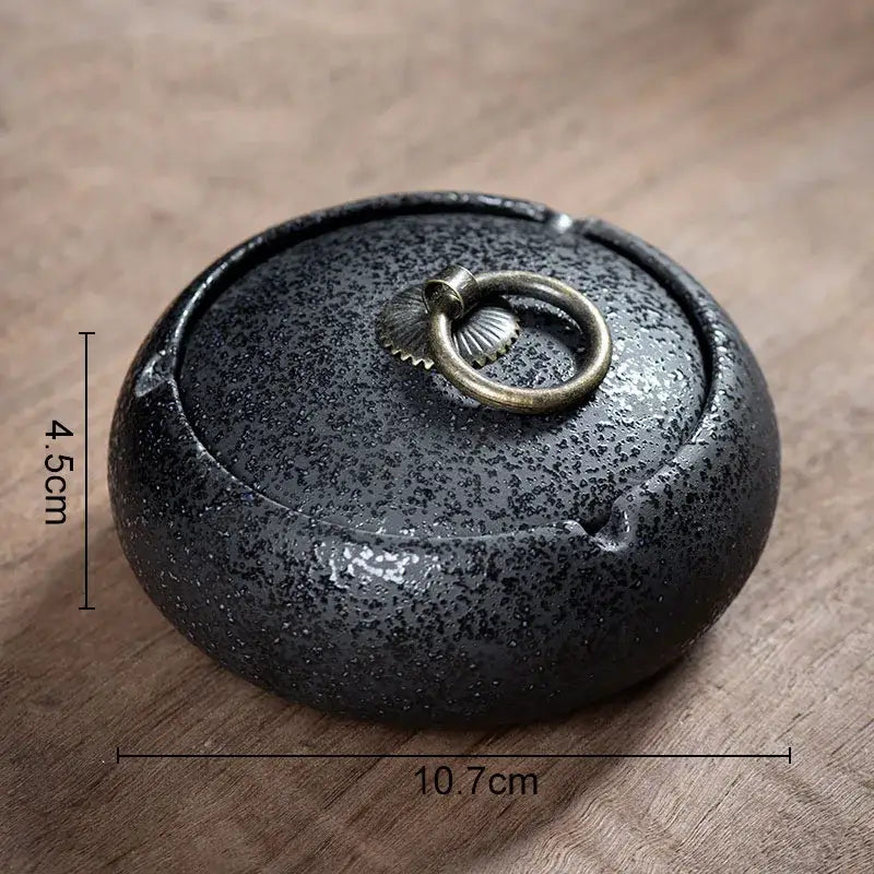 Hexagonal black pottery ashtray with gold deer lid for living room