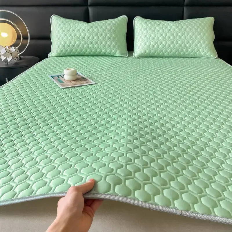 Hexagonal quilted pink & gray cooling bed sheet set bedroom mat