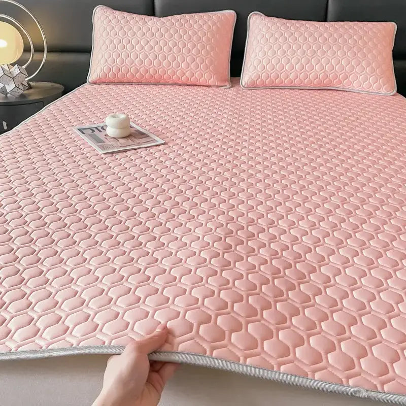 Hexagonal quilted pink & gray cooling bed sheet set bedroom mat