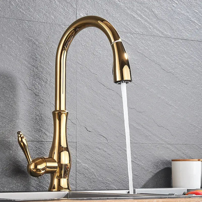 High arch gold brass kitchen faucet with pull out sprayer