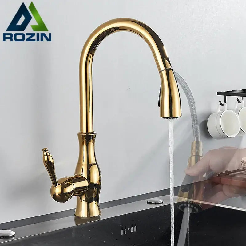High arch gold brass kitchen faucet with pull out sprayer
