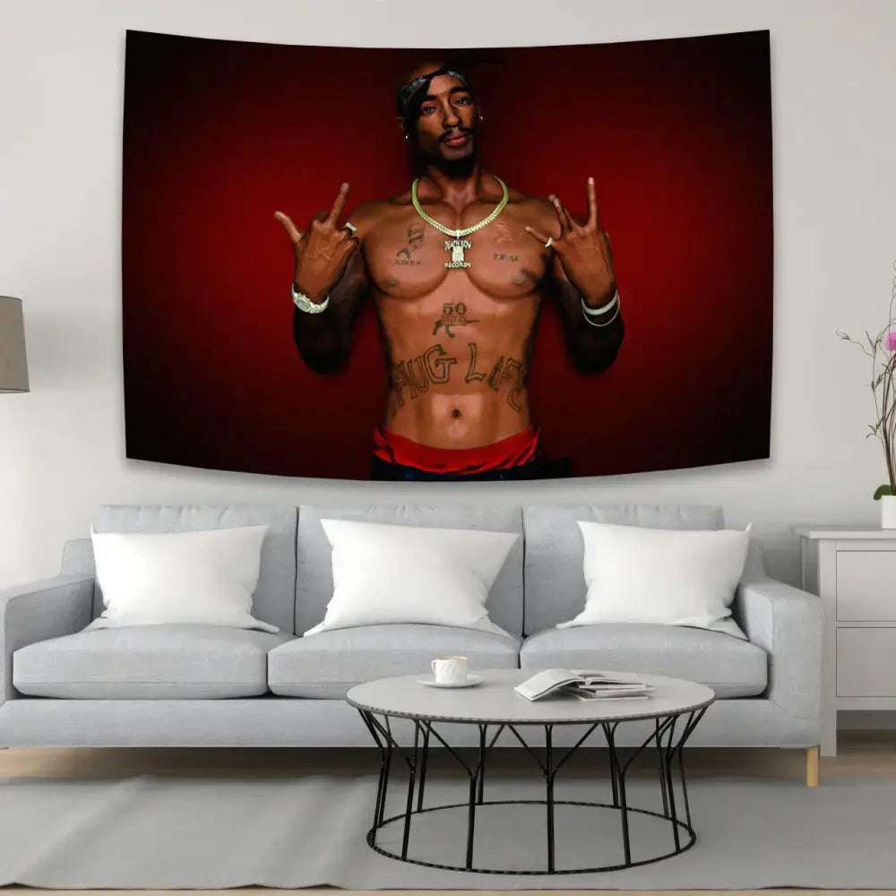 Hip-hop style white & red 2pac tapestry bedroom wall hanging