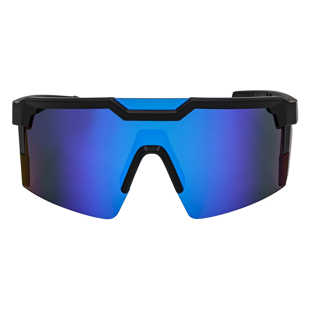 HITECH - Futuristic Rimless Shield Sunglasses Black-Blue Blue Mirror Lens