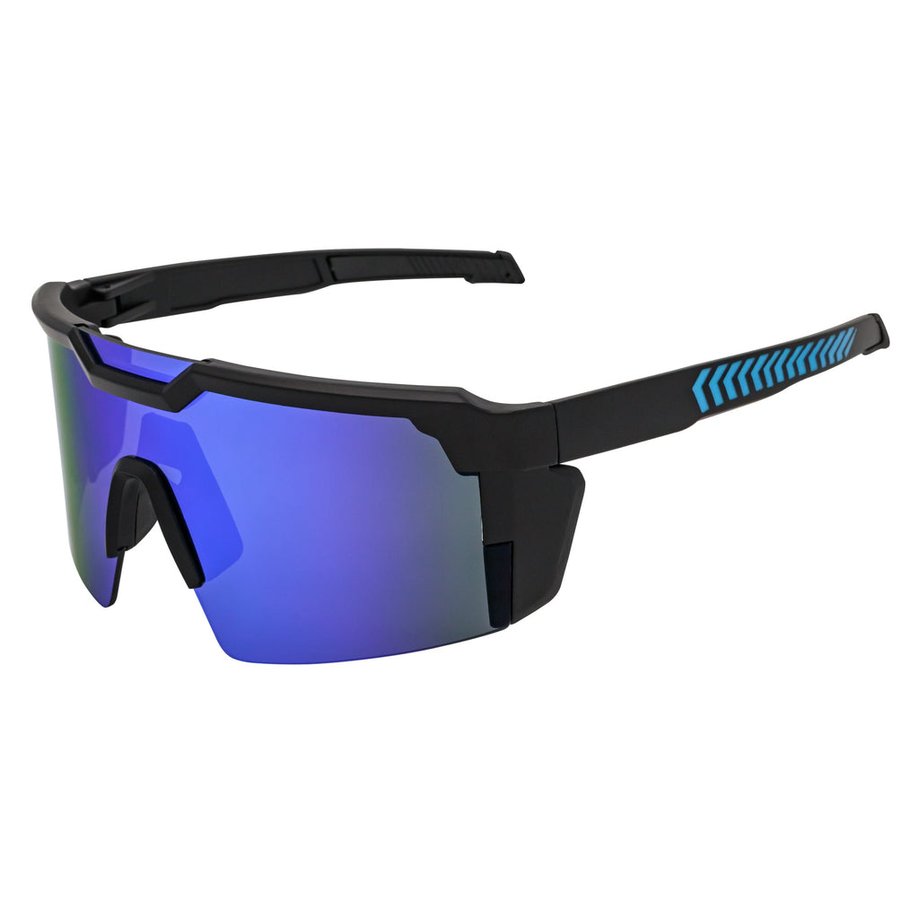 HITECH - Futuristic Rimless Shield Sunglasses Black-Blue Blue Mirror Lens