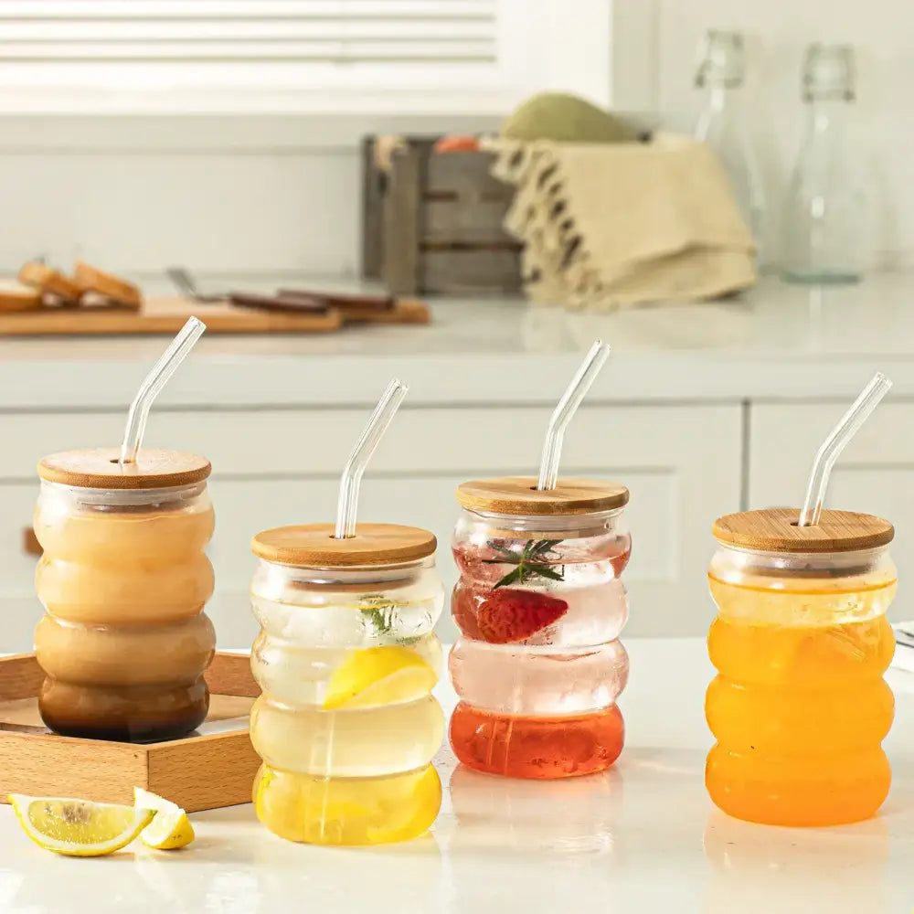 Honeycomb creative glass cup set with bamboo lid – kitchen tumblers