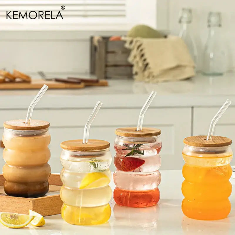 Honeycomb creative glass cup set with bamboo lid – kitchen tumblers