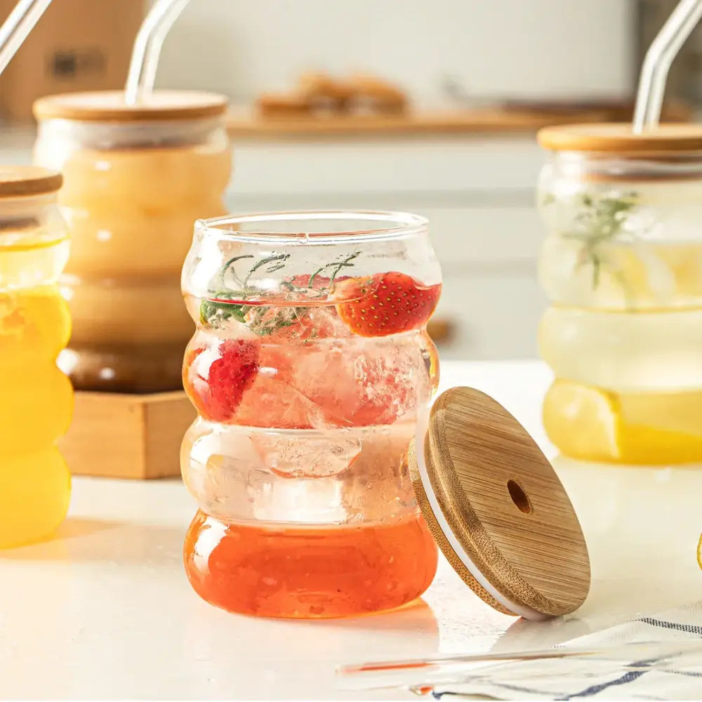 Honeycomb creative glass cup set with bamboo lid – kitchen tumblers