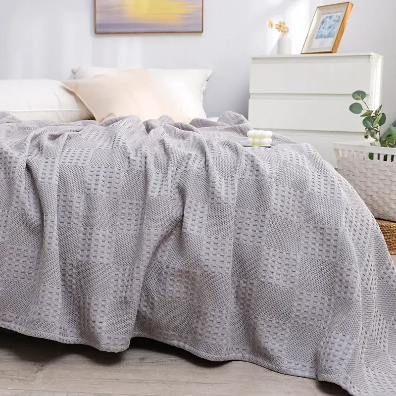 Honeycomb waffle cotton blankets light gray throw – bedroom decor