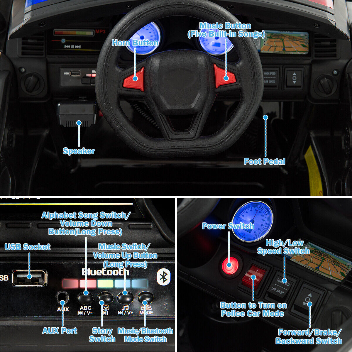 HoneyJoy 12V Kids Police Ride On Car with Remote Control, LED Lights, and Siren - Black