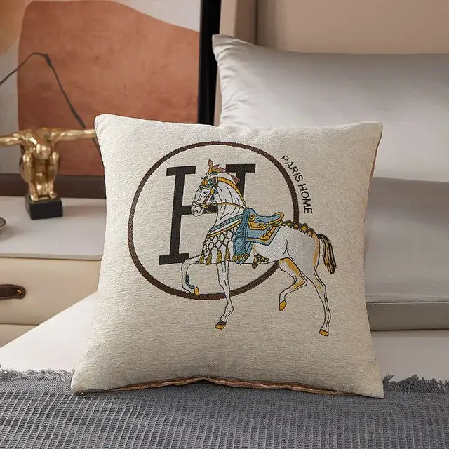 Horse embroidered jacquard pillow cover living room decor
