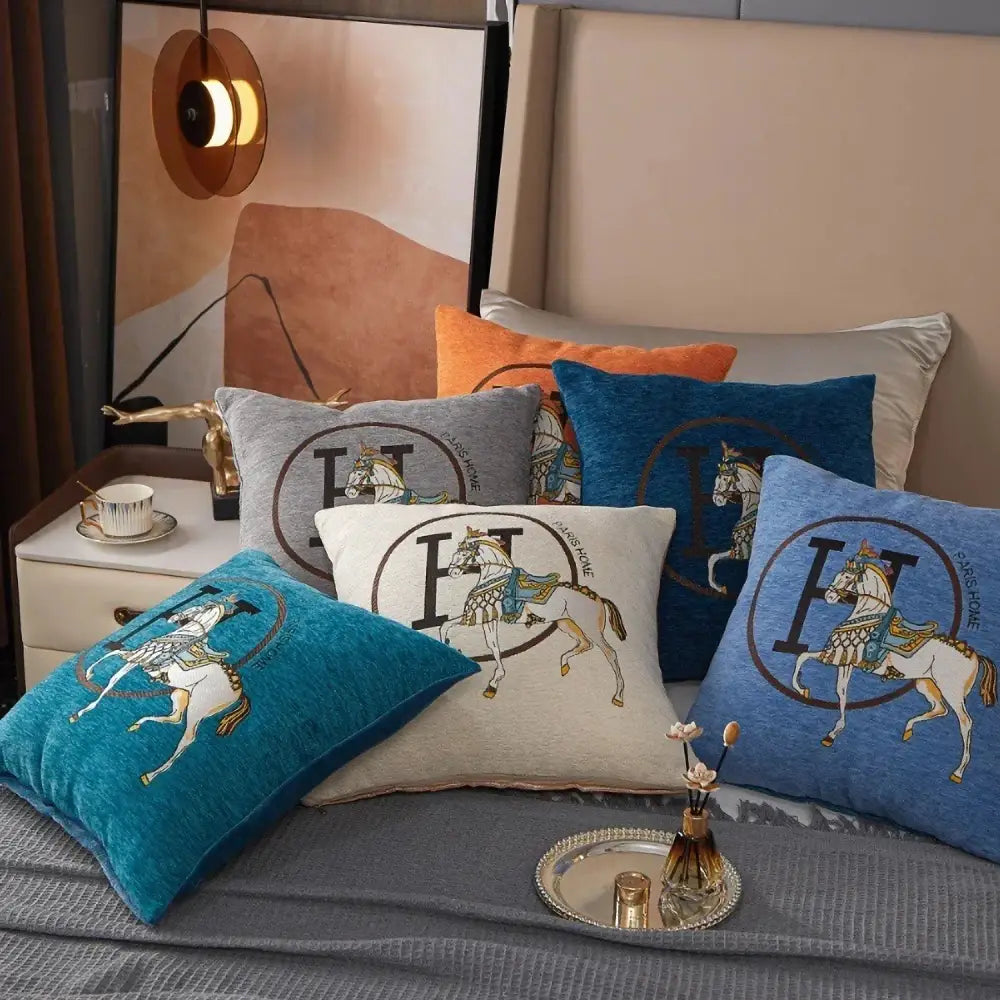 Horse embroidered jacquard pillow cover living room decor