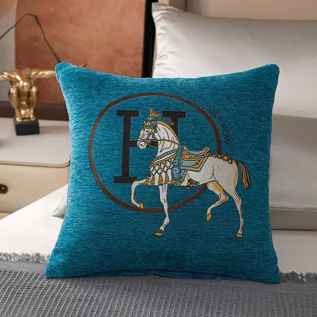 Horse embroidered jacquard pillow cover living room decor