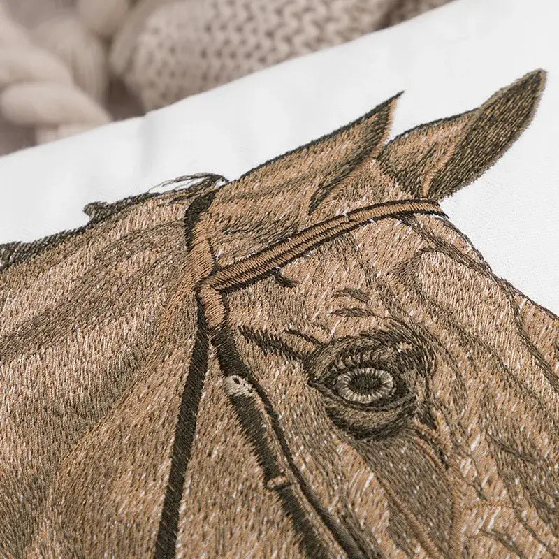 Horse head embroidery pillowcase brown & black living room decor