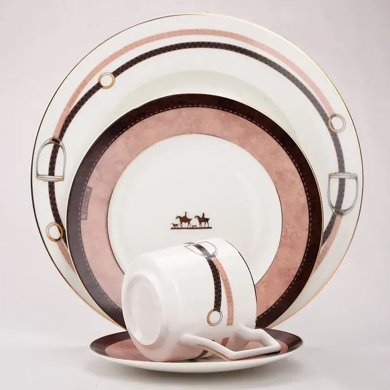 Horsebit pink & brown decorbites bone china tableware set dining room