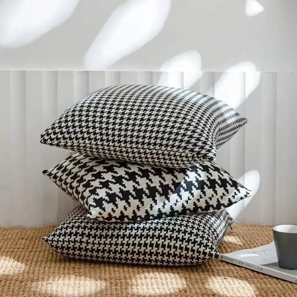 Houndstooth plaid pillow cover – black & white living room decor