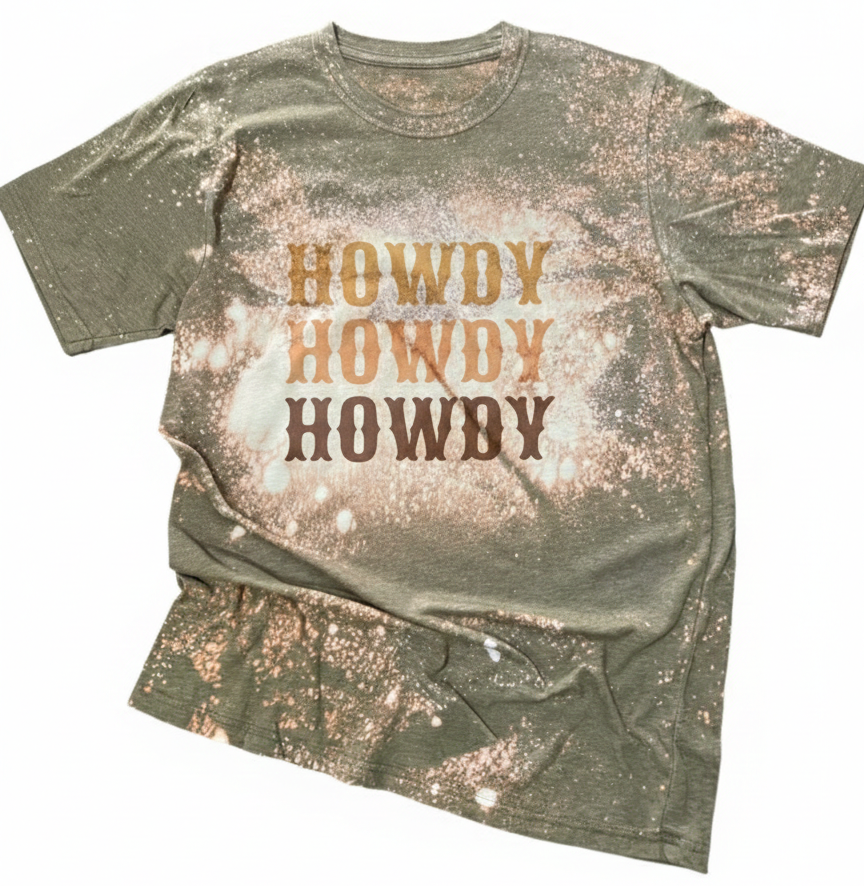 Howdy Howdy Howdy Triple Stack Bleached Tee | Hand-Distressed Heather Military Green Western Shirt | Rowdy Rowels Vintage Cowgirl Graphic Top