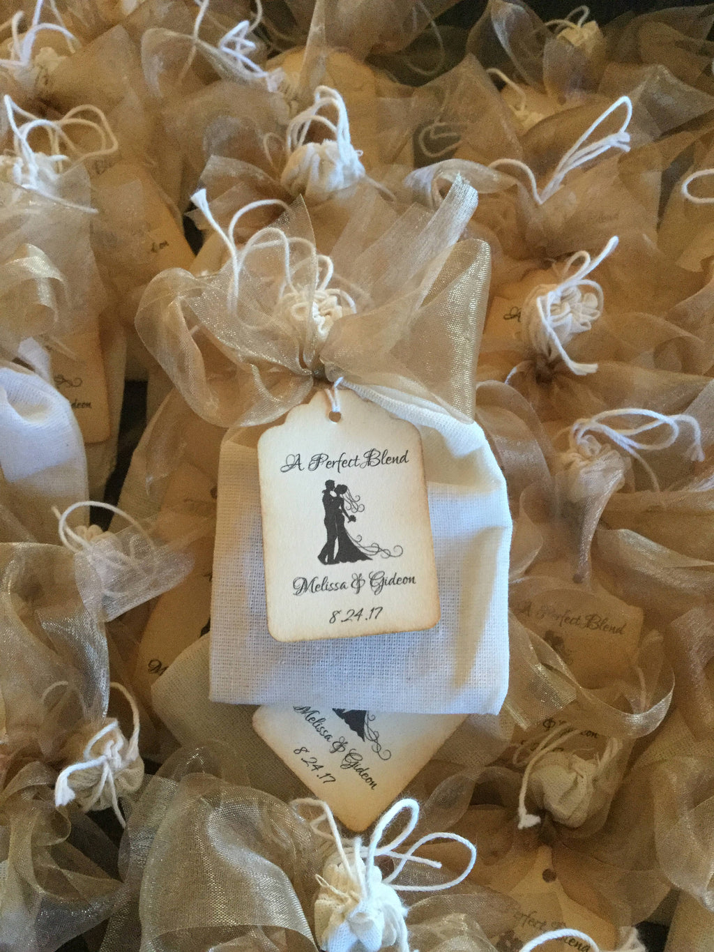 Tea Party Favor-Two Organic Teas in a Muslin Bag with Ribbons-Wedding-Bridal Shower-Baby Shower-Belle Savon Vermont