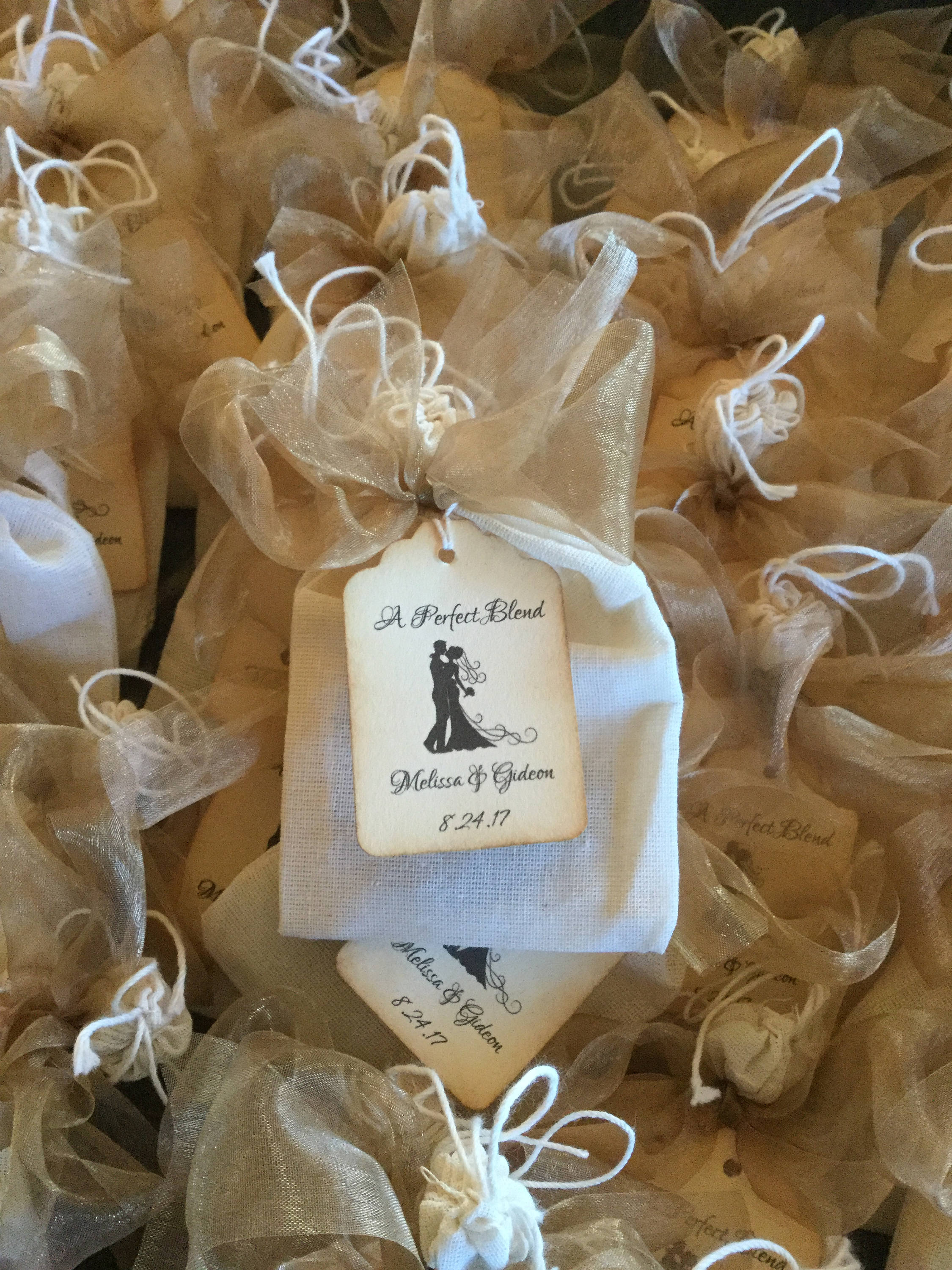 Tea Party Favor-Two Organic Teas in a Muslin Bag with Ribbons-Wedding-Bridal Shower-Baby Shower-Belle Savon Vermont