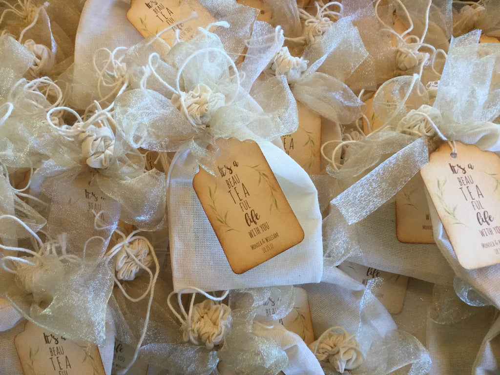 Tea Party Favor-Two Organic Teas in a Muslin Bag with Ribbons-Wedding-Bridal Shower-Baby Shower-Belle Savon Vermont