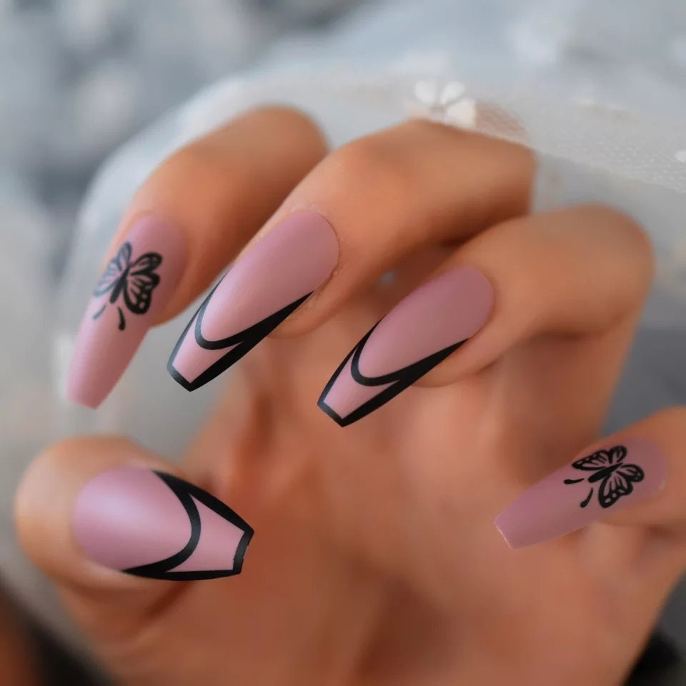 Extra Long Coffin Press On Nails (24PCS) - Matte Mauve Butterfly Kit