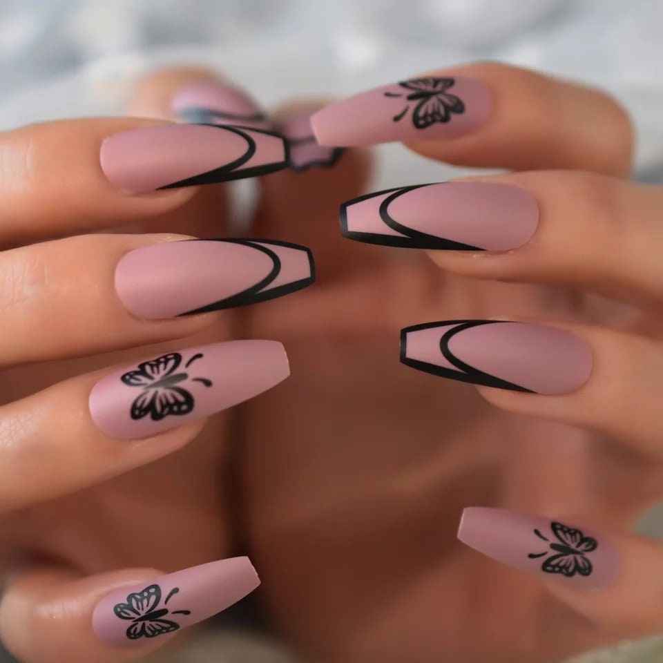 Extra Long Coffin Press On Nails (24PCS) - Matte Mauve Butterfly Kit