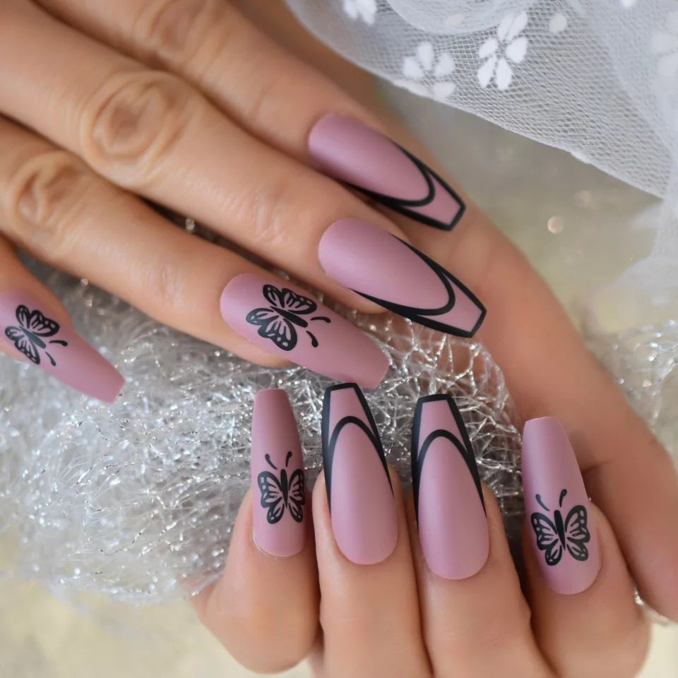 Extra Long Coffin Press On Nails (24PCS) - Matte Mauve Butterfly Kit