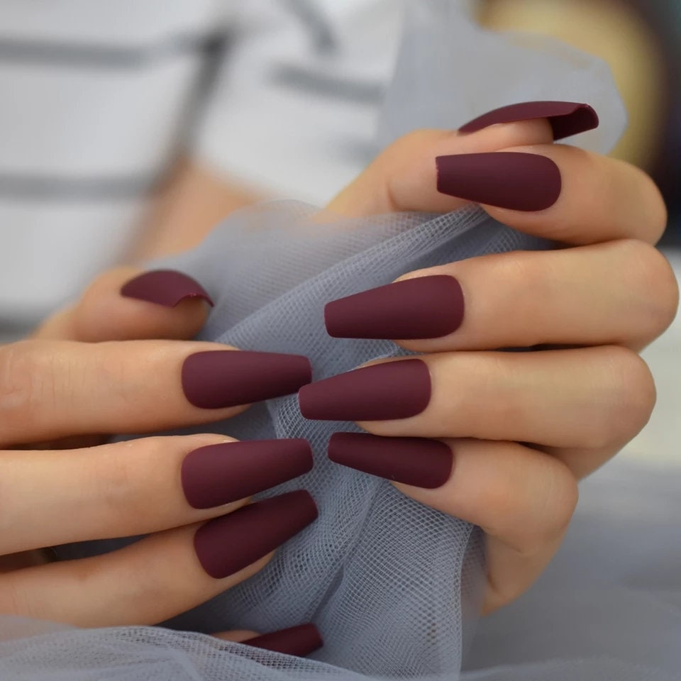 Long Matte Coffin Press On Nails | Burgundy Wine & Mulberry Set by Surethings