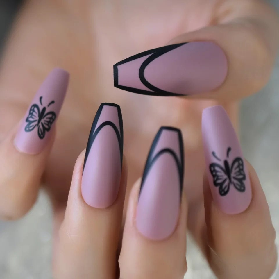 Extra Long Coffin Press On Nails (24PCS) - Matte Mauve Butterfly Kit