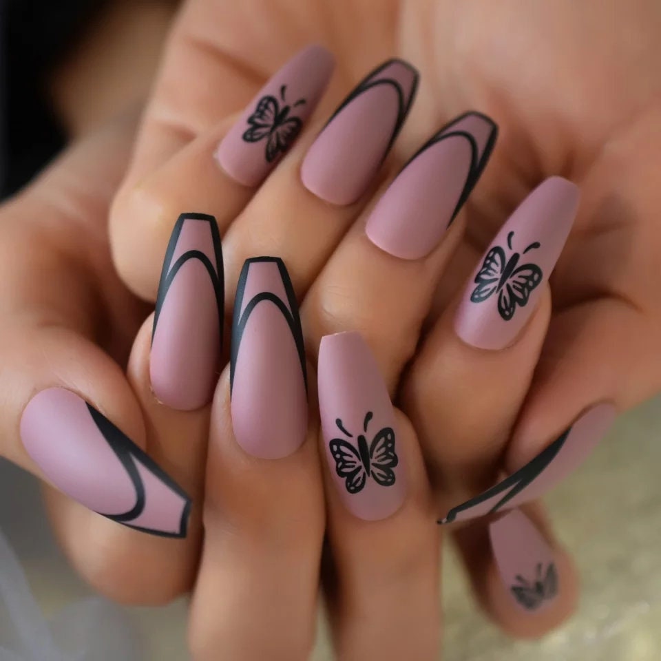 Extra Long Coffin Press On Nails (24PCS) - Matte Mauve Butterfly Kit