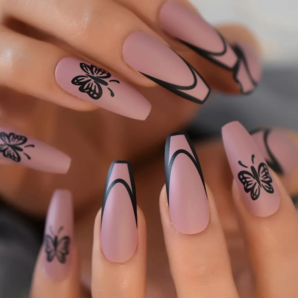 Extra Long Coffin Press On Nails (24PCS) - Matte Mauve Butterfly Kit