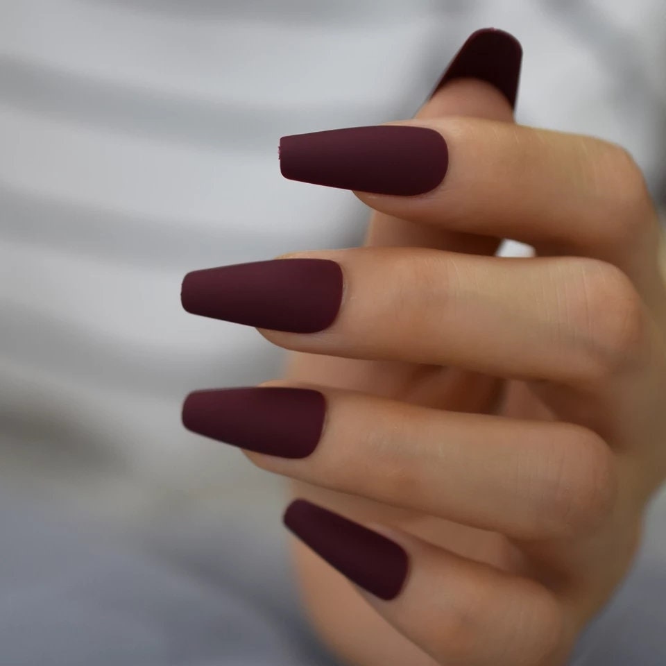 Long Matte Coffin Press On Nails | Burgundy Wine & Mulberry Set by Surethings
