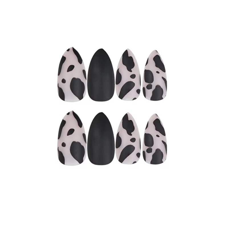 24PCS Cow Print Stiletto Press On Nails – Long Matte Black & Frosted Clear DIY Kit