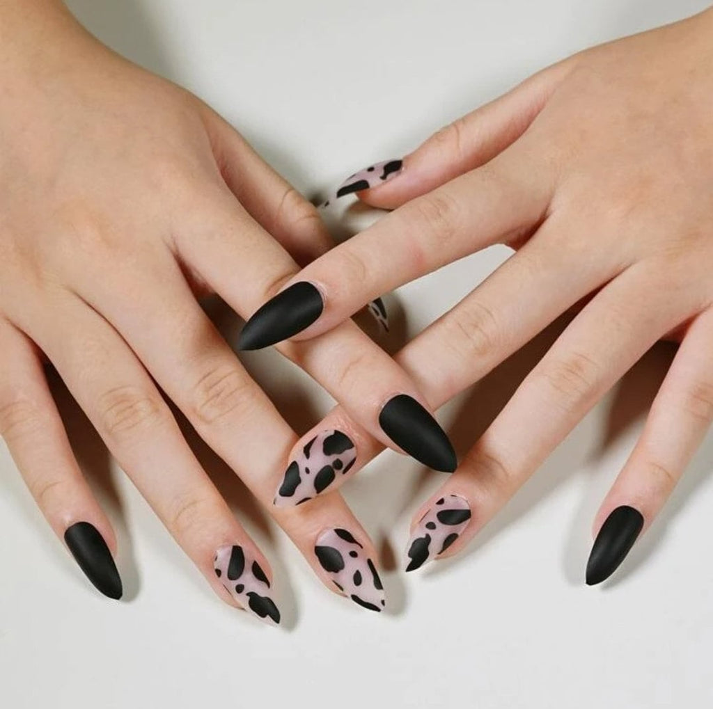 24PCS Cow Print Stiletto Press On Nails – Long Matte Black & Frosted Clear DIY Kit
