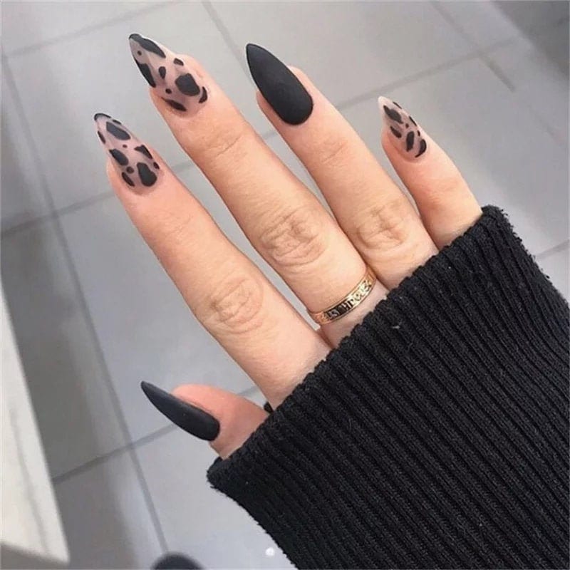 24PCS Cow Print Stiletto Press On Nails – Long Matte Black & Frosted Clear DIY Kit