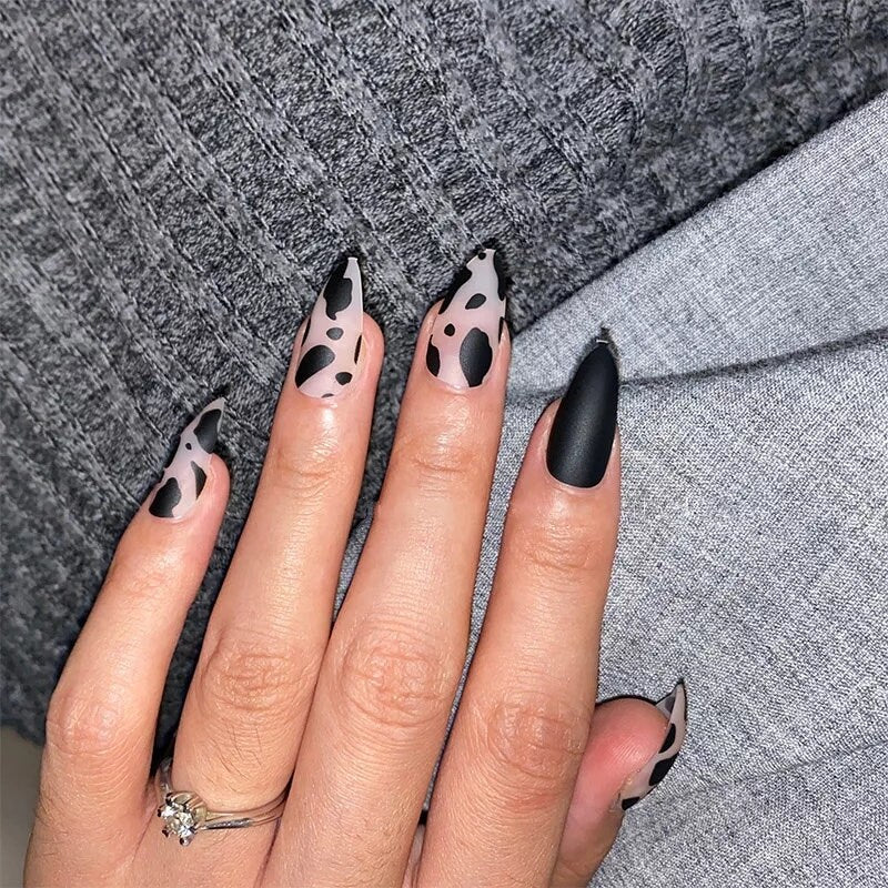 24PCS Cow Print Stiletto Press On Nails – Long Matte Black & Frosted Clear DIY Kit