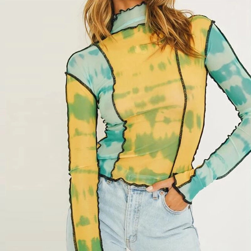 Multicolor Sheer Mesh Long Sleeve Top – Retro 90s Funky Aesthetic – Trendy Colorful See-Through Going Out Shirt for Women