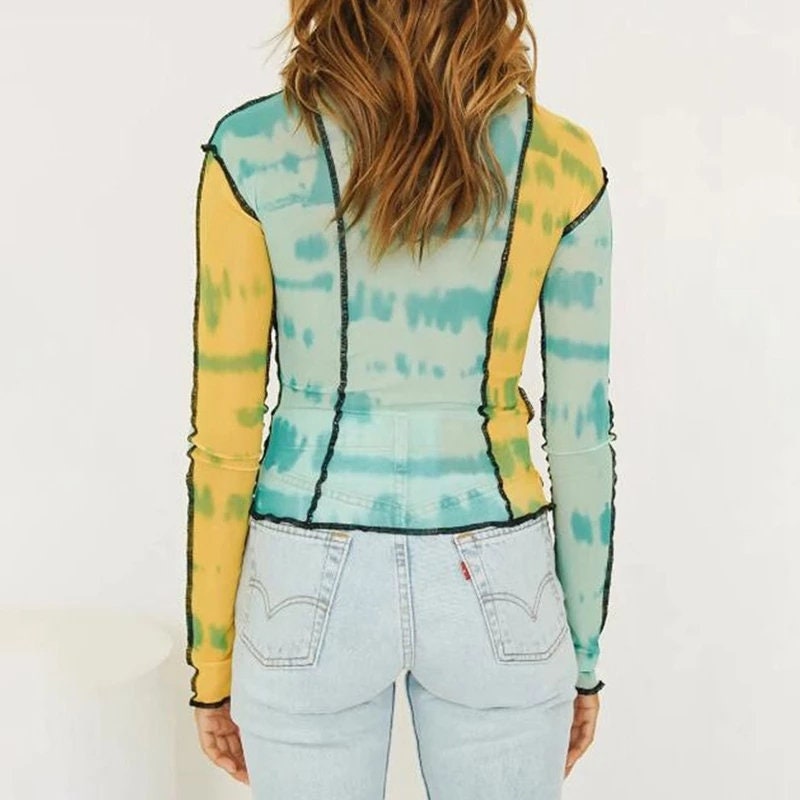 Multicolor Sheer Mesh Long Sleeve Top – Retro 90s Funky Aesthetic – Trendy Colorful See-Through Going Out Shirt for Women