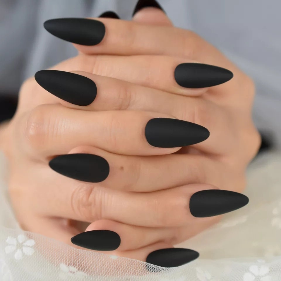 24 Vampy medium Matte Black Press on nails Stiletto witchy goth alt glue on Dark
