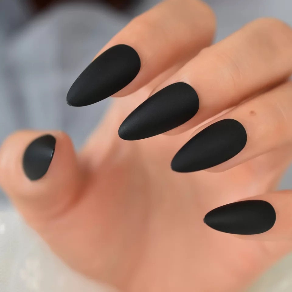 24 Vampy medium Matte Black Press on nails Stiletto witchy goth alt glue on Dark