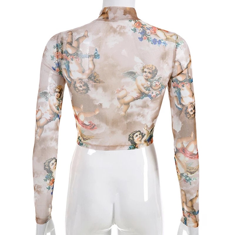 Angel Nude Mesh Long Sleeve Top – Funky 90s Baby Cherub See-Through Shirt – Trendy Tan Stretchy Angels Crop Blouse for Women