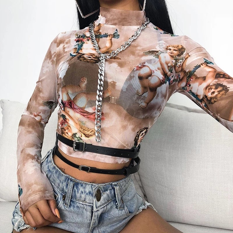 Angel Nude Mesh Long Sleeve Top – Funky 90s Baby Cherub See-Through Shirt – Trendy Tan Stretchy Angels Crop Blouse for Women