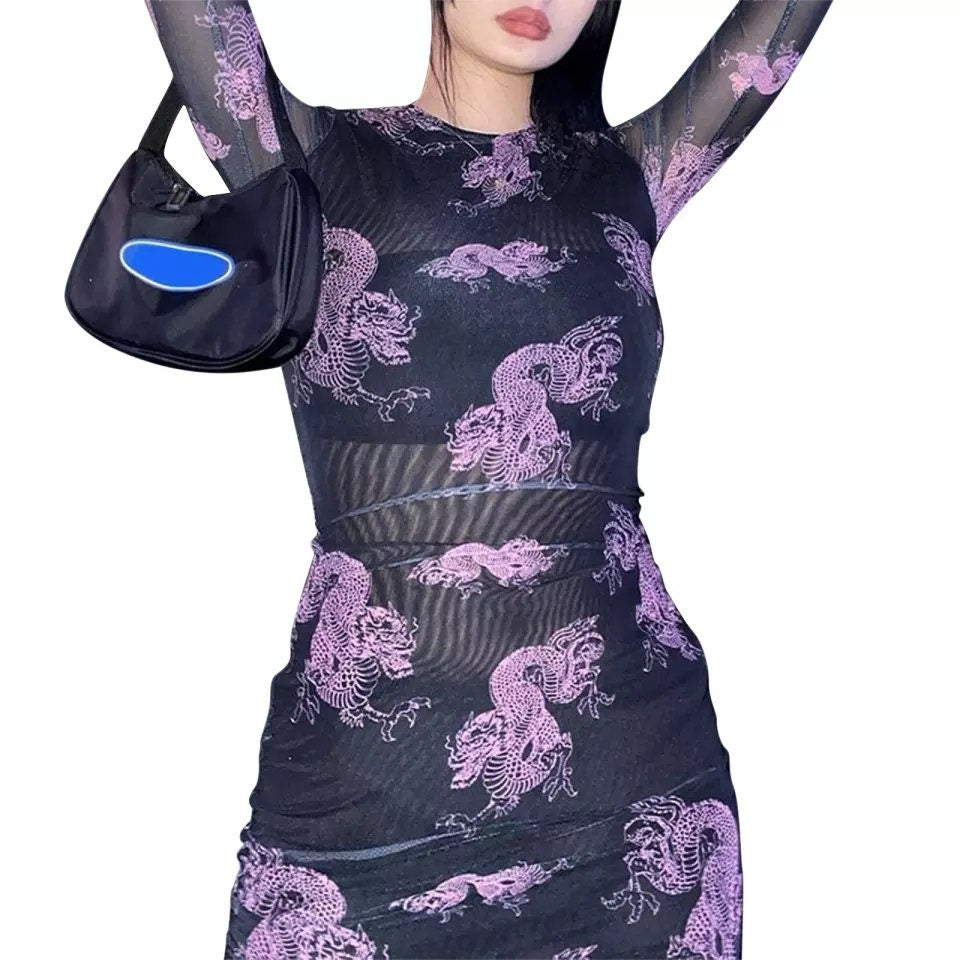 Black Dragon Mesh Dress – 90s Y2K Harajuku Long Sleeve See-Through Goth Aesthetic – Trendy Kawaii Sheer Layering Dress for Women