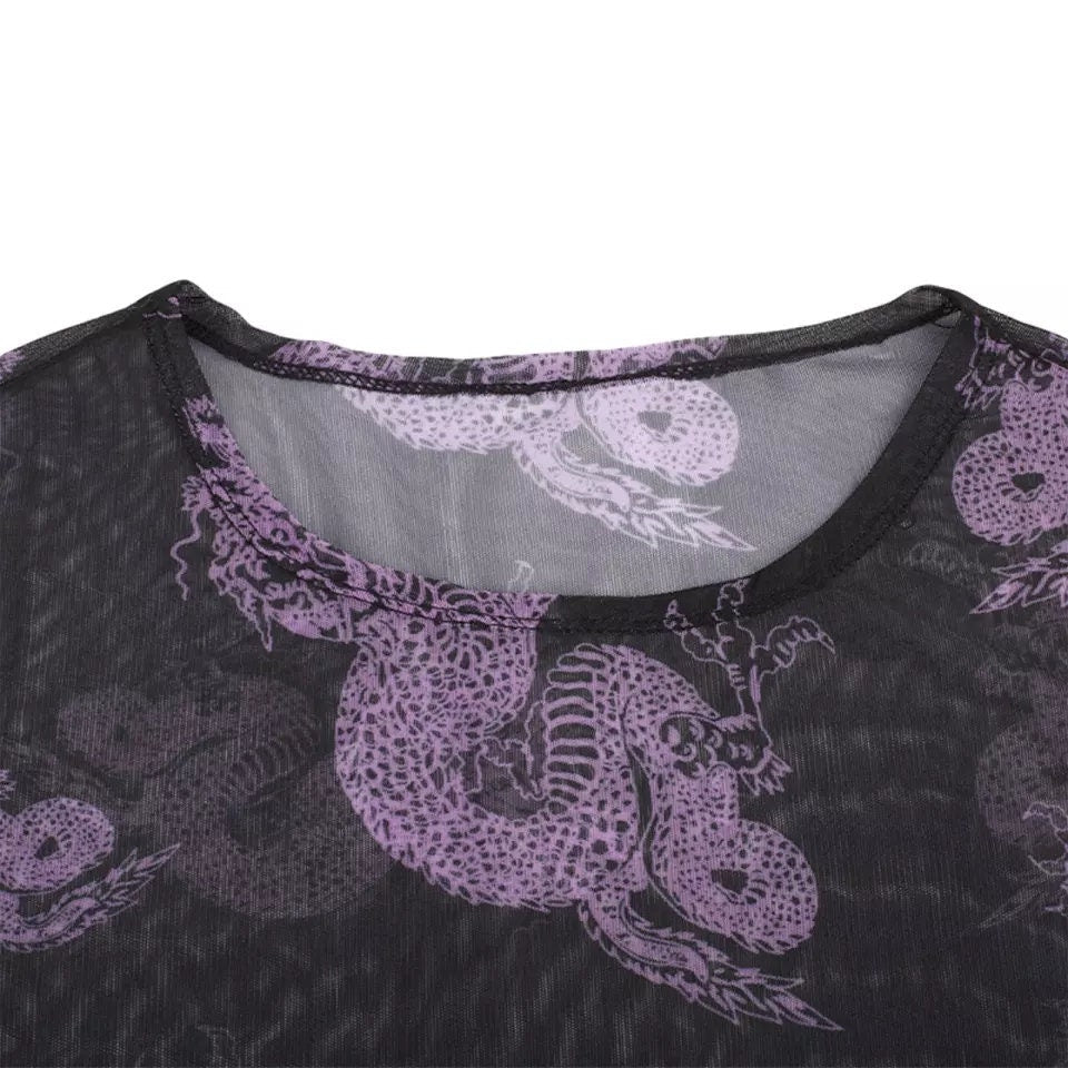 Black Dragon Mesh Dress – 90s Y2K Harajuku Long Sleeve See-Through Goth Aesthetic – Trendy Kawaii Sheer Layering Dress for Women