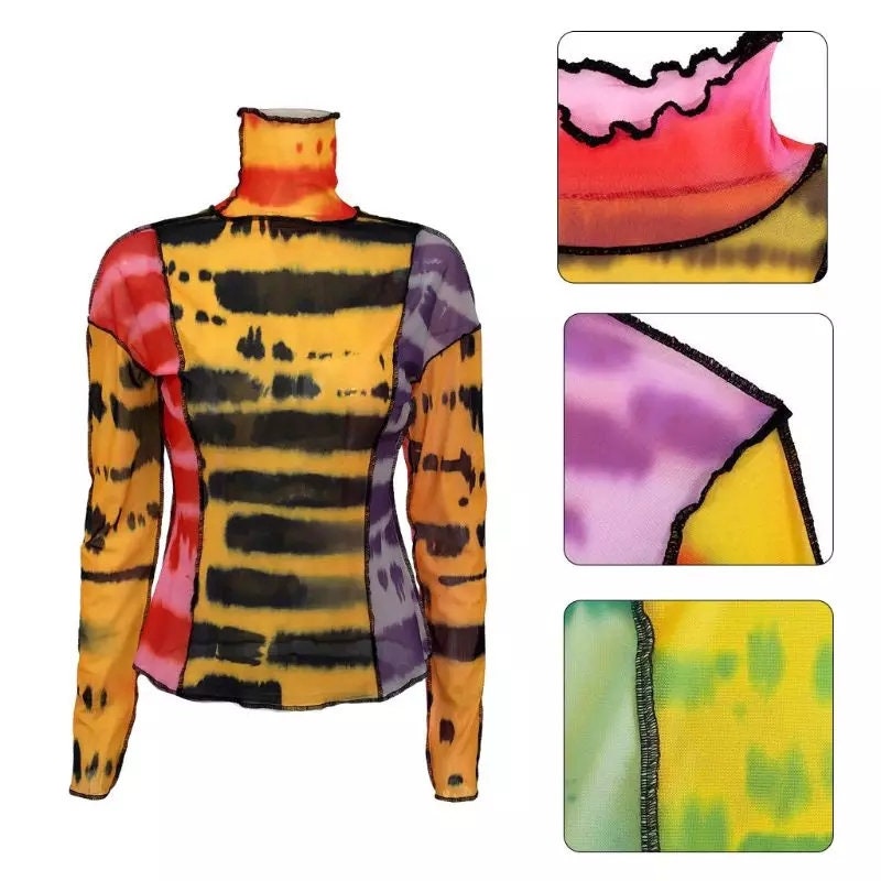 Multicolor Sheer Mesh Long Sleeve Top – Retro 90s Funky Aesthetic – Trendy Colorful See-Through Going Out Shirt for Women