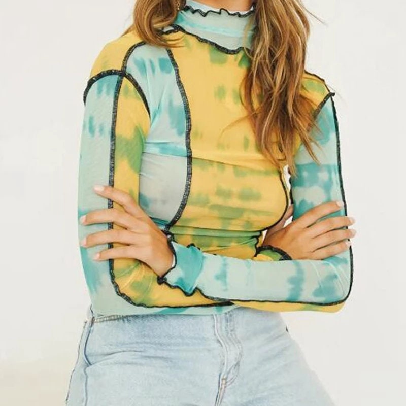 Multicolor Sheer Mesh Long Sleeve Top – Retro 90s Funky Aesthetic – Trendy Colorful See-Through Going Out Shirt for Women
