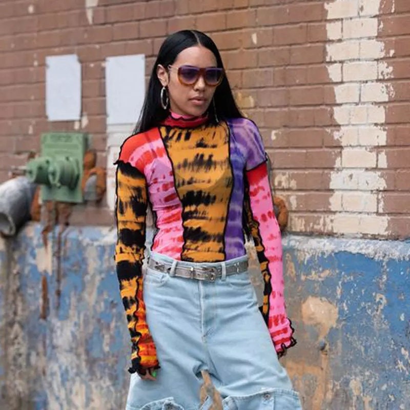 Multicolor Sheer Mesh Long Sleeve Top – Retro 90s Funky Aesthetic – Trendy Colorful See-Through Going Out Shirt for Women