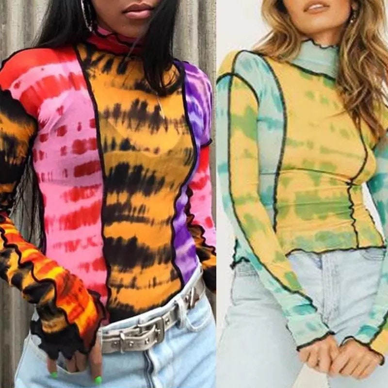 Multicolor Sheer Mesh Long Sleeve Top – Retro 90s Funky Aesthetic – Trendy Colorful See-Through Going Out Shirt for Women