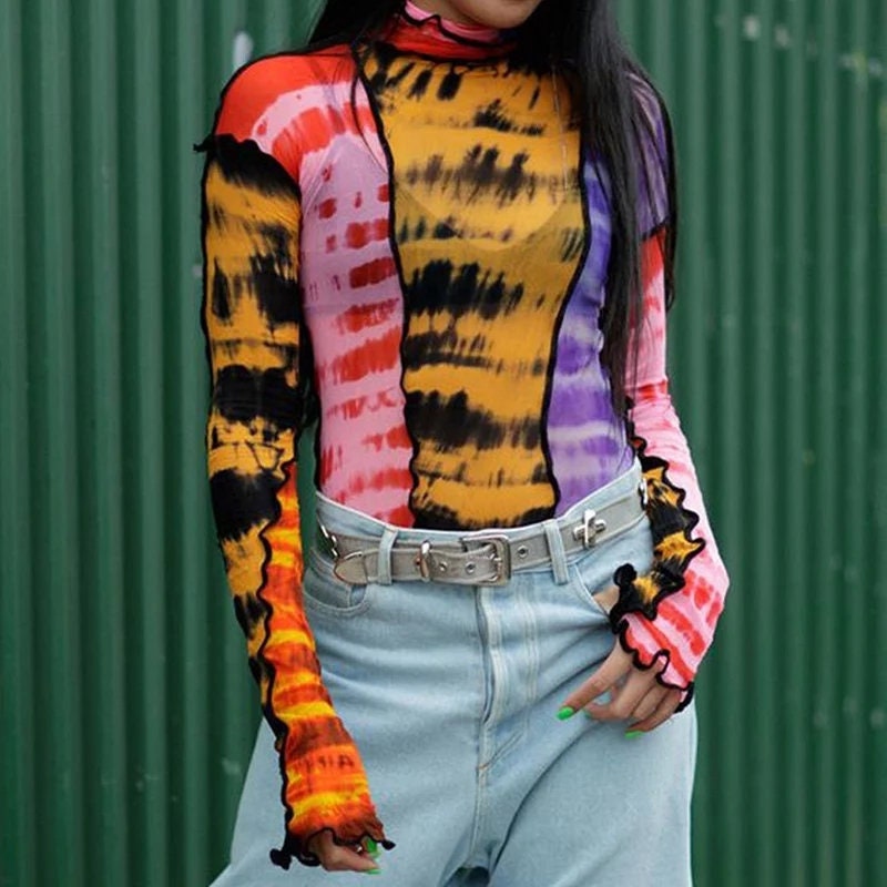 Multicolor Sheer Mesh Long Sleeve Top – Retro 90s Funky Aesthetic – Trendy Colorful See-Through Going Out Shirt for Women