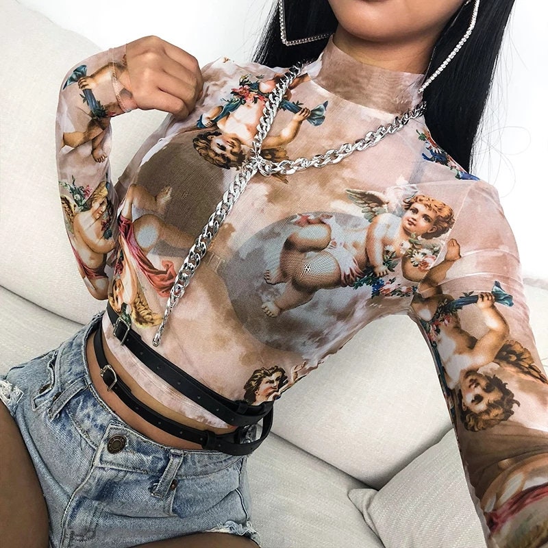 Angel Nude Mesh Long Sleeve Top – Funky 90s Baby Cherub See-Through Shirt – Trendy Tan Stretchy Angels Crop Blouse for Women